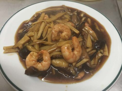 Gambas salteadas con bambú y setas chinas - Comida china en Albacete